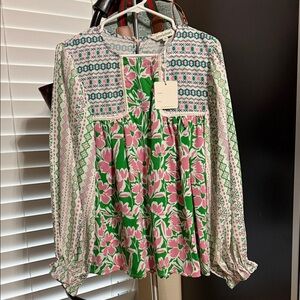 DAVI & DANI Green and Pink Floral Blouse